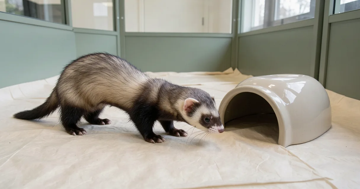 A sable ferret exploring a pale green observation enclosure