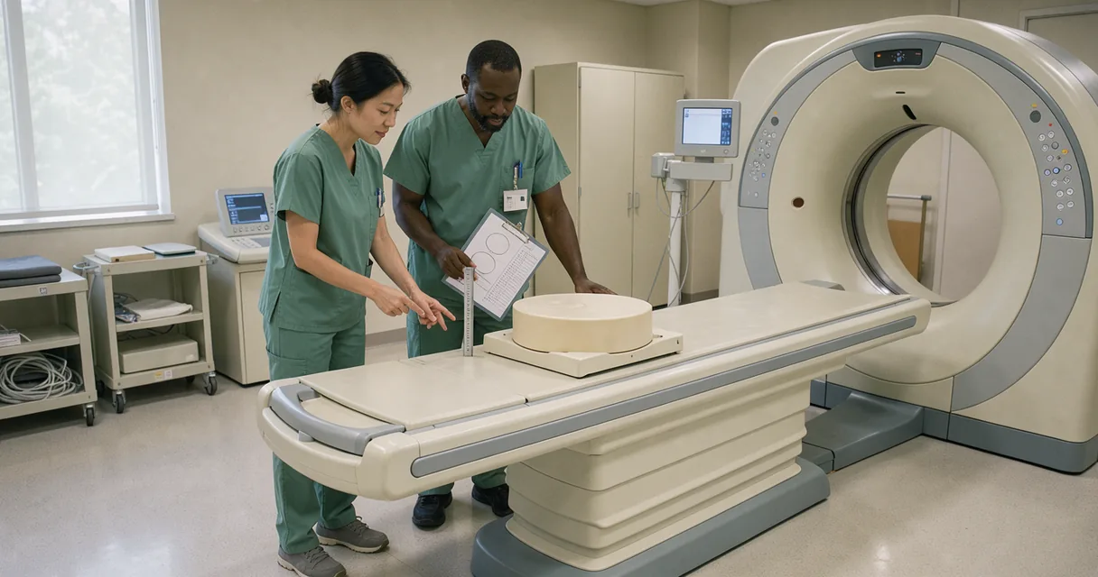 Two imaging technicians checking a scanner with a calibration phantom