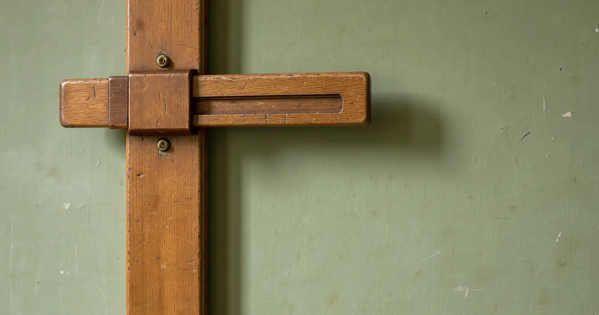 A wooden height-measuring instrument with its sliding headpiece against a sage wall