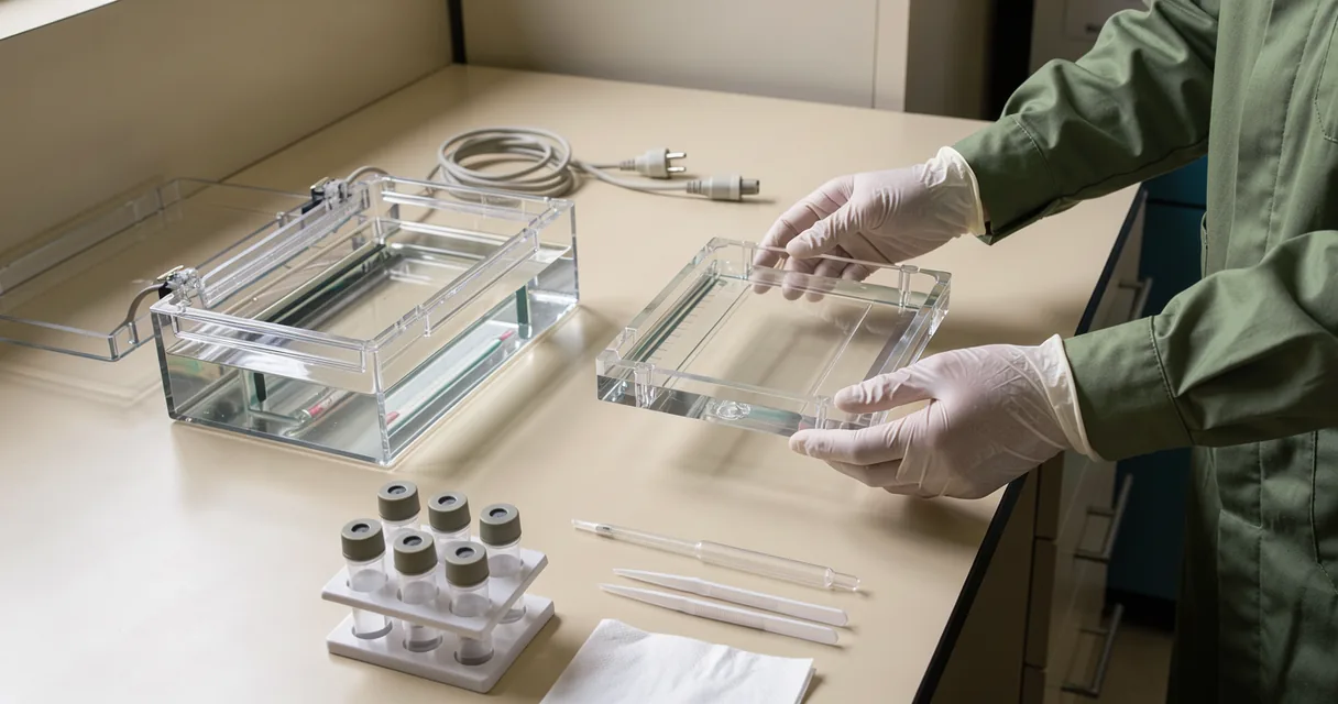A technician positioning a clear gel tray on a laboratory bench